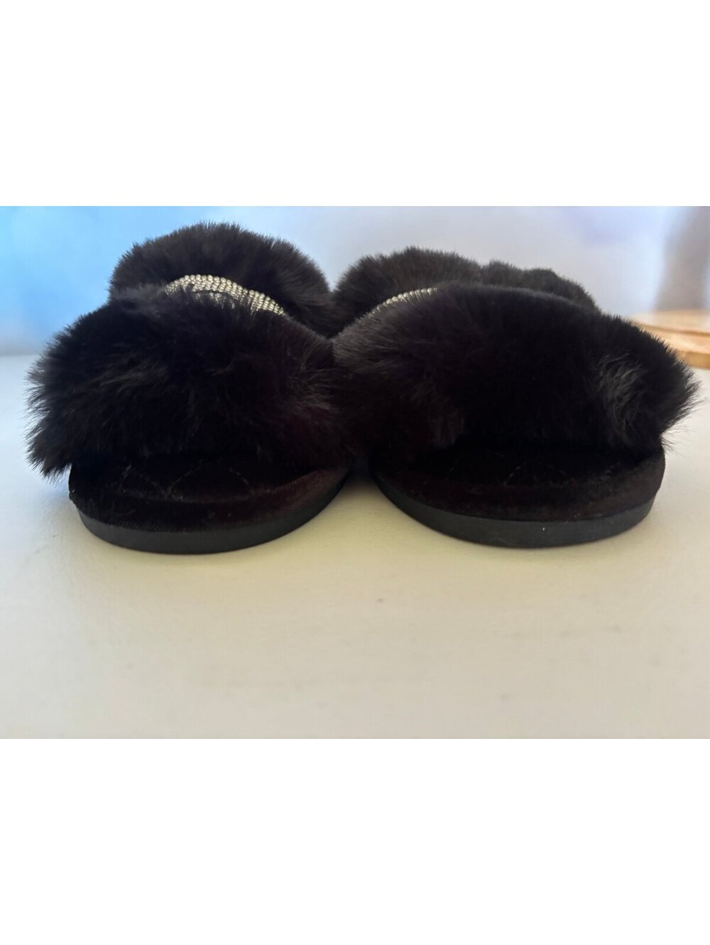 bebe Black Faux Fur Slide Sandals with Rhinestone Logo Band - Picture 3 of 7